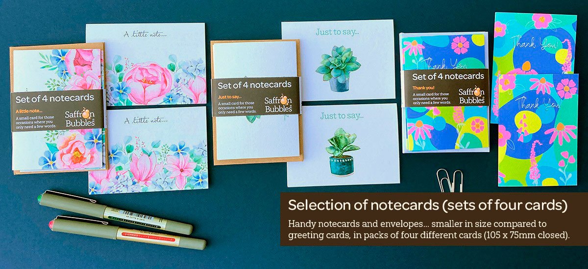 Handy notecards, mini cards, smaller in size compared to greeting cards, set of four cards